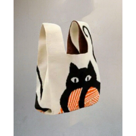 Trendy Black Cat Knit Mini Handbag/Wrist Bag /Tote Bag - NEW - Picture 4 of 5